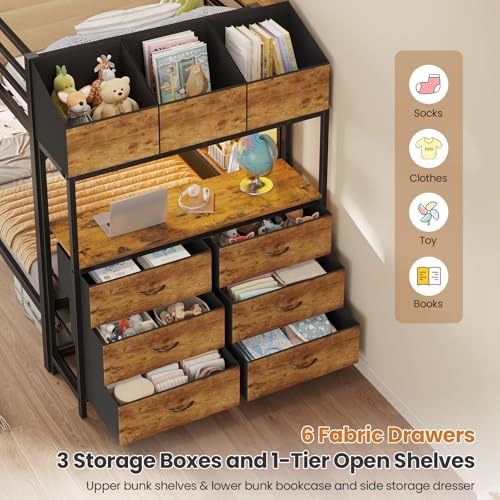 DICTAC Twin Over Twin Bunk Bed with 6 Storage Drawers,Led Lights and Charging Station Metal Bunk Beds with Side Bookcase,3 Storage Boxes &Shelf,L-Shaped bunk Bed with Safety Guardrail and Ladder,Black DICTAC