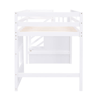 Harper & Bright Designs Twin Size Low Loft Bed with Playhouse and Storage Stairs in White - WoodArtSupply