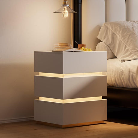 homary Modern Smart Nightstand with Wireless Charging Station, Bedside Table with 3 Drawers, White Night Stand with LED Light homary