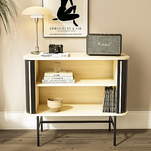 roomfitters Sideboard Buffet Cabinet with Sliding Doors, Mid Century Modern Credenza with 2 Tambour Doors, Minimalist Accent Storage Cabinet for Living Room, Media Console with Storage, Black roomfitters