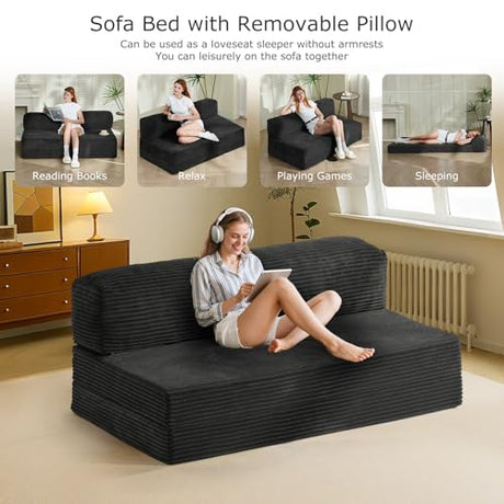 NLDD Folding Futon Sofa Bed Full Size, 6 inch Convertible Floor Couch Bed with Removable Corduroy Cover, Pull Out Couch for Small Spaces High-Density Foam,Black NLDD