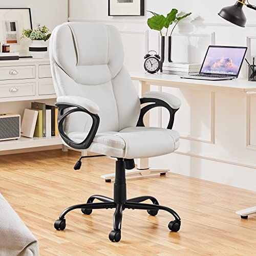 Yaheetech High Back Executive Office Chair Faux Leather Ergonomic Managerial Chair for Meeting Computer Large Seat, Sturdy Metal Base,White Yaheetech