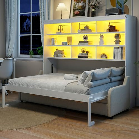 Quarte Queen Size Murphy Bed with Folding Sofa & Built-in Storage Shelves, Space-Saving Wall Bed Frame with LED Lights, Safety Lock, Easy Assembly Quarte