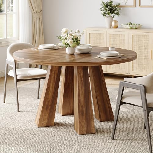 IDEALHOUSE 47" Round Dining Table for 4-6, Wood Kitchen Table with Sturdy Base, Farmhouse Circle Dinner Table for Dining Room, Living Room, 4 Strong Legs, Walnut IDEALHOUSE