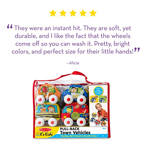Melissa & Doug K's Kids Pull-Back Vehicle Set - Soft Baby Toy Set With 4 Cars and Trucks and Carrying Case - Pull Back Cars, Toys For Babies And Toddlers Melissa & Doug