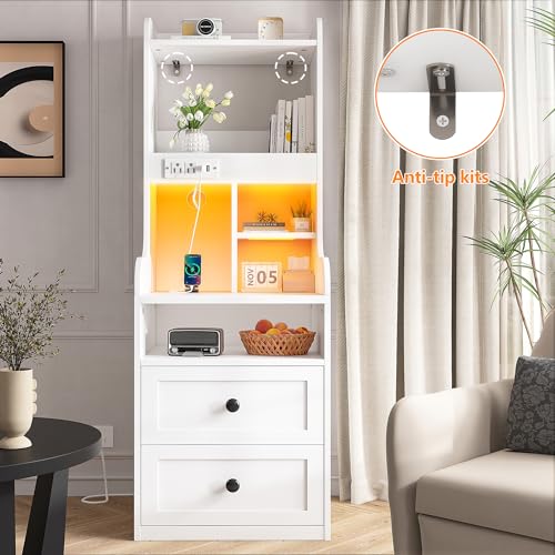 EnHomee Tall Nightstand with Charging Station and LED Lights - Stylish White Nightstand with 2 Drawers and Shelves - WoodArtSupply