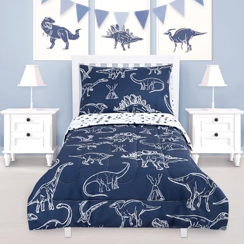 Jundetye 4 Pieces Dinosaur Toddler Bedding Set for Boys, Soft Breathable Toddler Comforter Set, Dino Print Navy, Includes Reversible Comforter, White Fitted Sheet and Flat Sheet, Pillowcase Jundetye