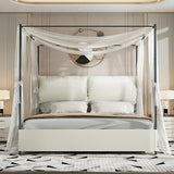 PAUKIN Canopy Bed Frame King Size with Upholstered Headboard, Sturdy and Stable, Easy to Assemble, Metal Bar Support, no Spring Mattress Required. (White, King)