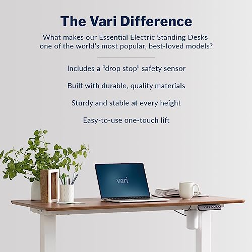 Vari Essential Electric Standing Desk for Home Office – 48x24 Sit-Stand VariDesk, 4 Memory Height Presets, 2-Piece Laminate Wood Top, Sturdy T-Style Legs, Supports 150 Lbs + Easy Assembly (Hazel Wood) Vari