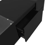 Black 2-Tier Rectangular Table with Tempered Glass Top and Drawers, LED Coffee Table with Storage, Modern High Gloss Black Coffee Table RuiSiSi