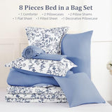 WONGS BEDDING Blue Floral Comforter Set Queen Size, 8 Pieces Flower Botanical Bed in a Bag Bedding Set, Soft Microfiber Comforter, Sheets, Pillowcases & Shams (90"x90") WONGS BEDDING