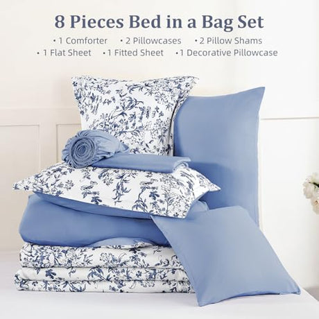 WONGS BEDDING Blue Floral Comforter Set Queen Size, 8 Pieces Flower Botanical Bed in a Bag Bedding Set, Soft Microfiber Comforter, Sheets, Pillowcases & Shams (90"x90") WONGS BEDDING