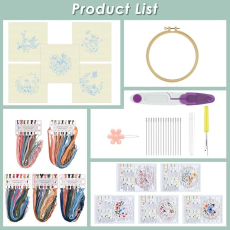 ERKOON 5 Sets Embroidery Kit for Beginners, Hummingbird Cross Stitch Set for Include Embroidery Cloth Hoops Threads for Craft Lover Hand Stitch (Hummingbird and Butterfly) ERKOON