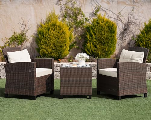 Shintenchi 3 Pieces Patio Furniture Set 3 Pieces PE Rattan Wicker Chairs with Table Outdoor Furniture for Backyard/Garden/Poolside/Outdoor Restaurant Brown Rattan with White Cushion Shintenchi