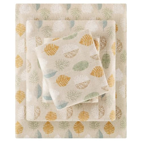 True North by Sleep Philosophy Flannel Sheets Queen Size, Cozy 100% Cotton Flannel Bed Sheets, Ultra Soft Cute Sheet Set, Novelty Print Themed Cold Weather Warm Bedding Set,Multi Leaves 4 Piece Sleep Philosophy