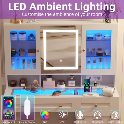 Semoic White Makeup Vanity Desk with LED Mirror and RGB Lights and Power Outlet, Morden Glass Top Vanity Table with Drawer & Storage Cabinet & Adjustable Shelves, Large Dressing Table for Bedroom Semoic