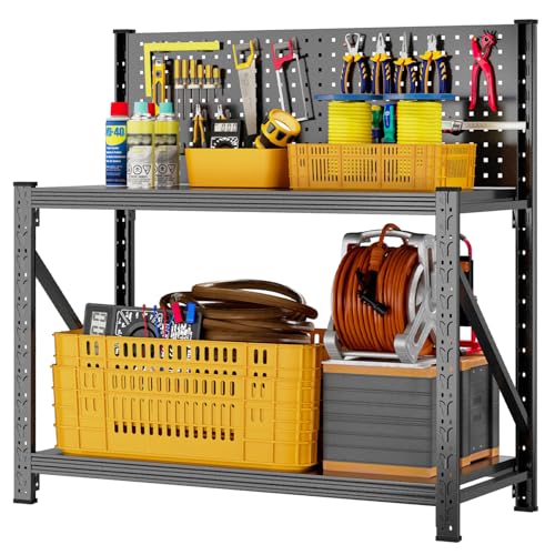 Widened Heavy Duty Workbench with Pegboard, 3000LBS Capacity Work Table with Reinforce Stable Side Beams, Metal Workstation for Garage Warehouse Workshop Office, 47.2" H x 47.2" W x 18.9" D, Black Jaqiumn