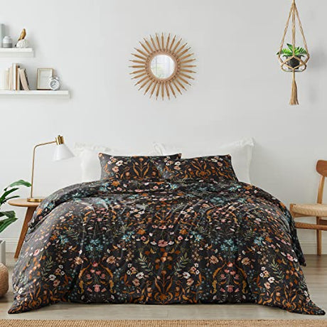 Sweet Jojo Designs Boho Bohemian Farmhouse Black and Orange Wildflower Garden Floral Duvet Comforter Cover and Sham 2pc Twin Size Bed Bedding Set Bedroom Aesthetic Botanical Cottagecore Flower Vintage Sweet Jojo Designs