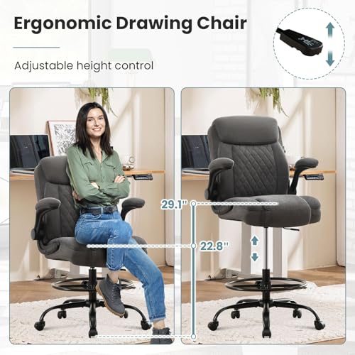 MAHOMICO Drafting Chair for Standing Desk – Tall Office Chair with Adjustable Height & Foot Ring, Flip-Up Arms, Lumbar Support – Comfortable Fabric Seat, Ideal Home Desk Chair MAHOMICO