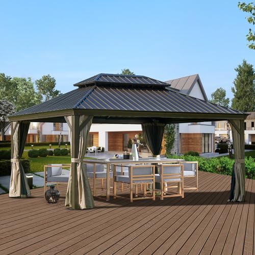 Domi 12x16FT Hardtop Gazebo with Netting & Curtains, Outdoor Aluminum Frame Gazebo with Galvanized Steel Double Roof, Outdoor Permanent Metal Pavilion for Patio Deck Lawn and Garden, Brown domi outdoor living