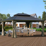 Domi 12x16FT Hardtop Gazebo with Netting & Curtains, Outdoor Aluminum Frame Gazebo with Galvanized Steel Double Roof, Outdoor Permanent Metal Pavilion for Patio Deck Lawn and Garden, Brown domi outdoor living