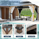 UDPATIO 10' x 12' Hardtop Gazebo, Wood Grain Finish Aluminum Frame Outdoor Gazebo with Galvanized Steel Double Roof, Metal Gazebo Canopy with Curtain and Netting for Garden, Patio and Deck, Grey UDPATIO