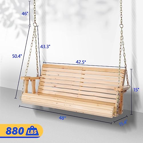 VINGLI Upgraded Patio Wooden Porch Swing for Courtyard & Garden, Heavy Duty 880 LBS Swing Chair Bench with Hanging Chains for Outdoors (4 FT, Natural) - WoodArtSupply