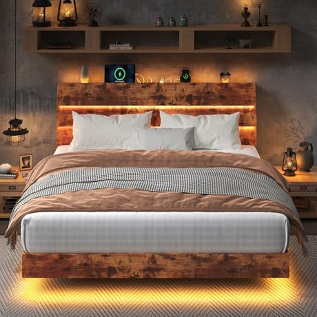 Feonase Floating Bed Frame King with Led Lights and Charging Station, Wood Full Size Bed Frame with Storage Headboard, Heavy Duty Metal Slats, No Box Spring Needed, Easy Assembly,Vintage Brown Feonase