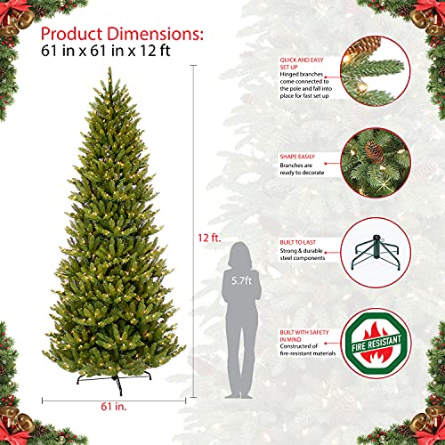 Puleo International 12 Foot Pre-Lit Slim Fraser Fir Artificial Christmas Tree with 1,200 UL Listed Clear Lights, Green Puleo International