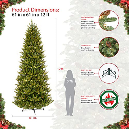 Puleo International 12 Foot Pre-Lit Slim Fraser Fir Artificial Christmas Tree with 1,200 UL Listed Clear Lights, Green