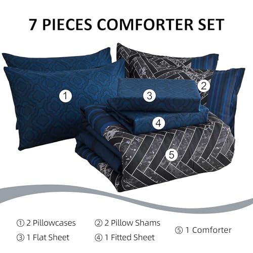 Luxudecor Navy Blue Comforter Set King Size, 7 Pieces Stripe Geometric Bed in a Bag, Soft Microfiber Navy Comforter and Sheet Set Complete Bedding Sets for All Seasons 104"×90" Luxudecor