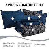 Luxudecor Navy Blue Comforter Set King Size, 7 Pieces Stripe Geometric Bed in a Bag, Soft Microfiber Navy Comforter and Sheet Set Complete Bedding Sets for All Seasons 104"×90" Luxudecor