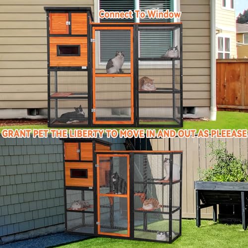 PETSFIT Large Catio Outdoor Cat Enclosure with Waterproof PVC Roof, 4 Larger Platforms and 2 Private Resting Rooms, Orange Large Cat Catio Outdoor, Spacious Shelter for Cats,Kitties & Small Animal Petsfit