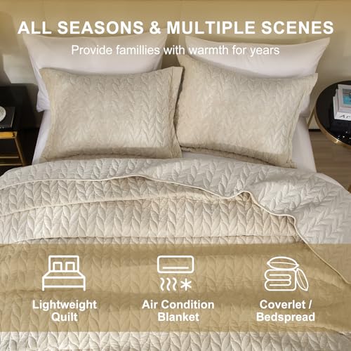 Ivellow Luxury Velvet Quilt Set King Size Bedding Sets Lightweight Ultra Soft Velvet Comforter Set Leaves Chevron Stitch Oversized Bedspread Coverlet 3 Pcs Full Bed Cover Sets for All Seasons Beige Ivellow