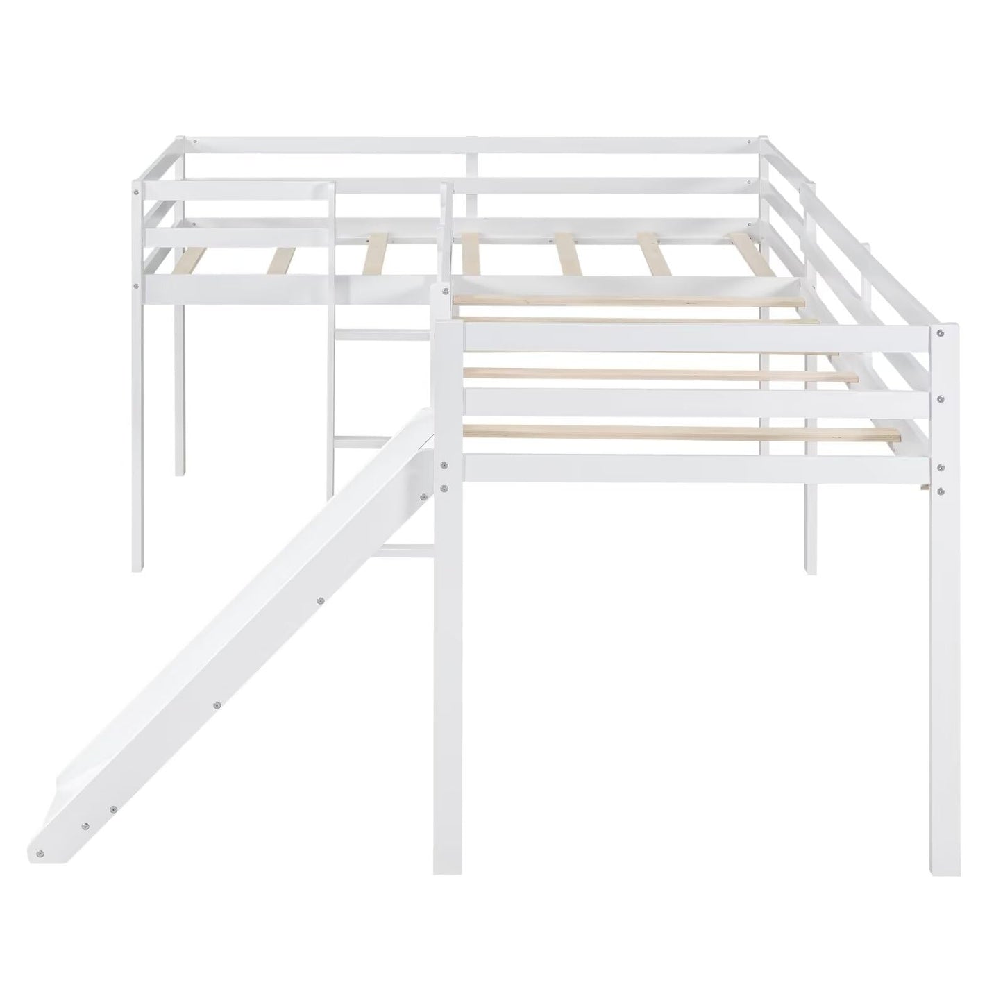 Merax Wooden Twin Size Double Loft Bed with Slide and Ladder, L-Shaped Bed Frame with Full-Length Guardrail, Wood Bedframe for Kids Teens Adults Bedroom, 2 Twin Beds,White