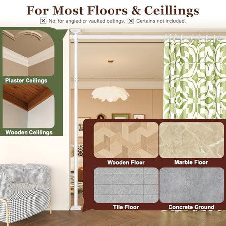 Goovilla Room Divider for Room Separation, Tension Curtain Rods No Drilling, 4-10ft(H) 28-114inch(W) Adjustable Temporary Privacy Wall Divider, Heavy Duty Freestanding Space Partition Separator, White Goovilla