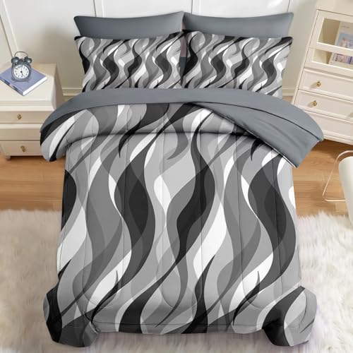 Nesker Comforter Set Queen Size, Minimalist 7 Pcs Bedding for Kids and Adults, Black White Gray Wave Bed Sheet Sets with Fitted Sheet 2 Pillowcases & 2 Shams Nesker