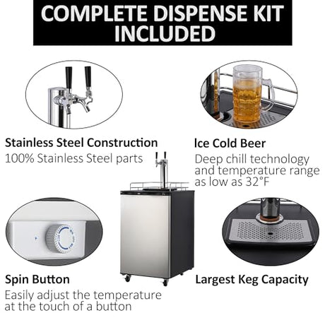 TROPOW 6.1 CF Beer Kegerator, Dual Tap Draft Beer Dispenser, Full Size Stainless Steel Keg Refrigerator With Drip Tray, 32°F- 50°F Temperature Control, 170L TROPOW