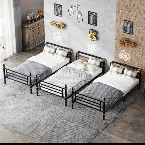 KEIKI Twin Over Twin Size Metal Detachable Quad Bunk Bed Frame with Ladders, MDF Headboard and Guardrail, for 4, L-Shaped Bunk Bed with Slats, No Box Spring Required, Easy Assembly, for Bedroom, Black KEIKI