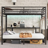 JIJIWANG Queen Over Twin XL Bunk Bed with Desk and Charging Station Metal Loft Bed with Led Lights and Shelves Multiple Uses Folds into Sofa, Black JIJIWANG