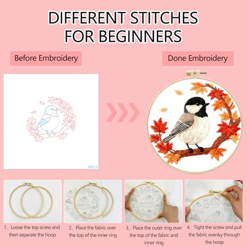 Zhenqing Black-Capped Chickadee Embroidery Kit for Beginners, Pre-Printed 29x29cm Cotton Fabric with 20cm Hoop, Autumn Bird and Maple Leaves Design (C0212)