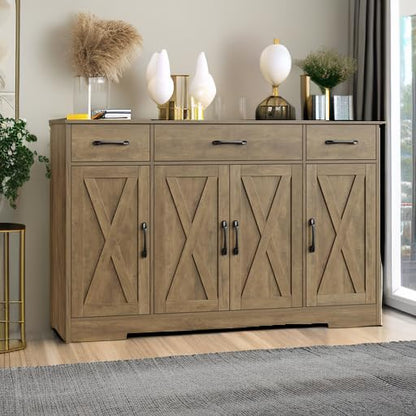 HOSTACK Buffet Sideboard Cabinet with Drawers, 55" Large Buffet Storage Cabinet with Shelves and Doors, Modern Farmhouse Coffee Bar Cabinet Wood Buffet Table for Kitchen, Dining Room, Rustic  - WoodArtSupply