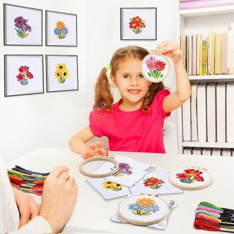 ZOIIWA 6PCS Spring Themed Flower Cross Sewing Kits for Beginners Flower DIY Embroidery Kit for Kids Adults Party Birthday Christmas Gift Needlepoint Patterns with 2 Embroidery Hoops Craft Supplies ZOIIWA