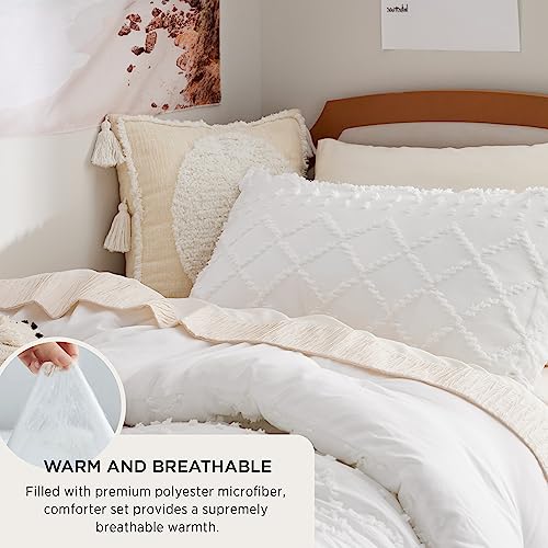 Bedsure Twin Comforter Set - White Boho Twin Comforter, Shabby Chic Dorm Bedding Set for Kids, 2 Pieces Modern Farmhouse Bed Set, Includes 1 Pillow Sham Bedsure