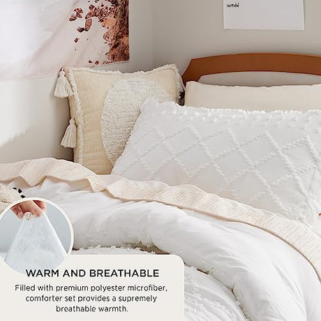Bedsure Twin Comforter Set - White Boho Twin Comforter, Shabby Chic Dorm Bedding Set for Kids, 2 Pieces Modern Farmhouse Bed Set, Includes 1 Pillow Sham Bedsure
