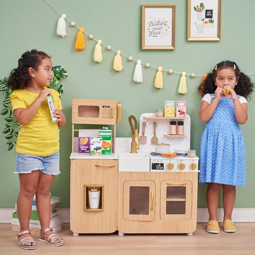 Teamson Kids Little Chef Cyprus Medium Wooden Play Kitchen with Interactive, Realistic Features, and 14 Kitchen Accessories for 3yrs and up, Light Oak/Faux White Marble/Gold Teamson Kids