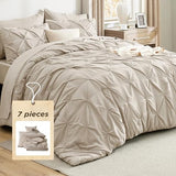 Bedsure King Size Comforter Set Beige - Bed in a Bag Bedding Set 7 Pieces, GentleSoft™ Pintuck Bed Set Gift for Family, Pinch Pleat Beige Comforter with Sheets, Pillowcases & Shams Bedsure