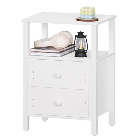Lerliuo White Night Stand, Small Nightstand with 2 Wood Drawers and Storage Shelf, Modern Bedside Table with Wooden Frame, Rustic Couch Nightstand for Small Spaces, Narrow End Tables for Bedroom Lerliuo
