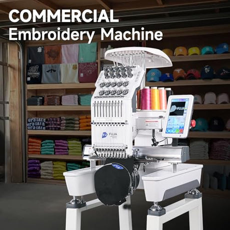 FUJA Commercial Embroidery Machine with 10 Needles, 1200SPM Max Speed, 7" Touch Screen, 9.5" × 14.2" Embroidery Area for Small Business & Beginners, Built for Hat, Flat, Patches, T-shirt and more FUJA