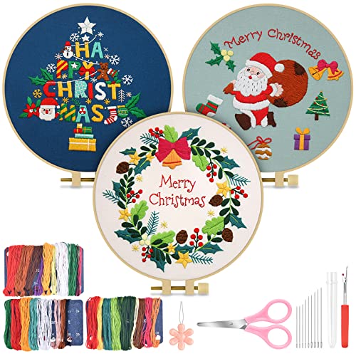 TINDTOP Christmas Embroidery Kit for Adult, 3 Sets Embroidery Stitch Practice kit Include Embroidery Cloth Hoops Threads for Craft Lover Hand Stitch